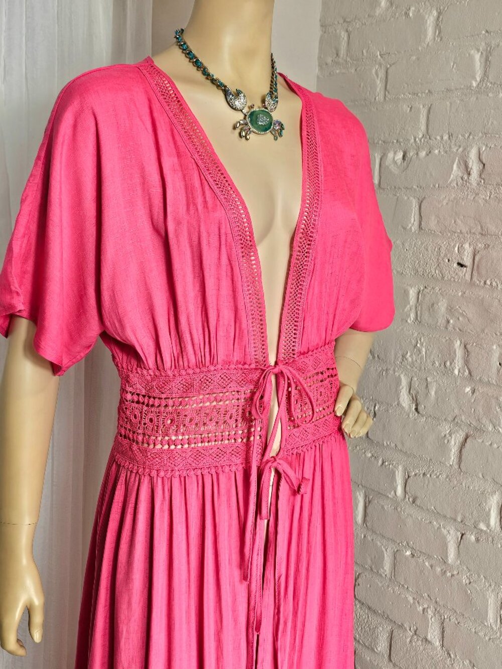 Petal Roz Snooki Shop NWT Pink Maxi Wrap Dress Cover Up Crochet Waist L - Picture 3 of 14